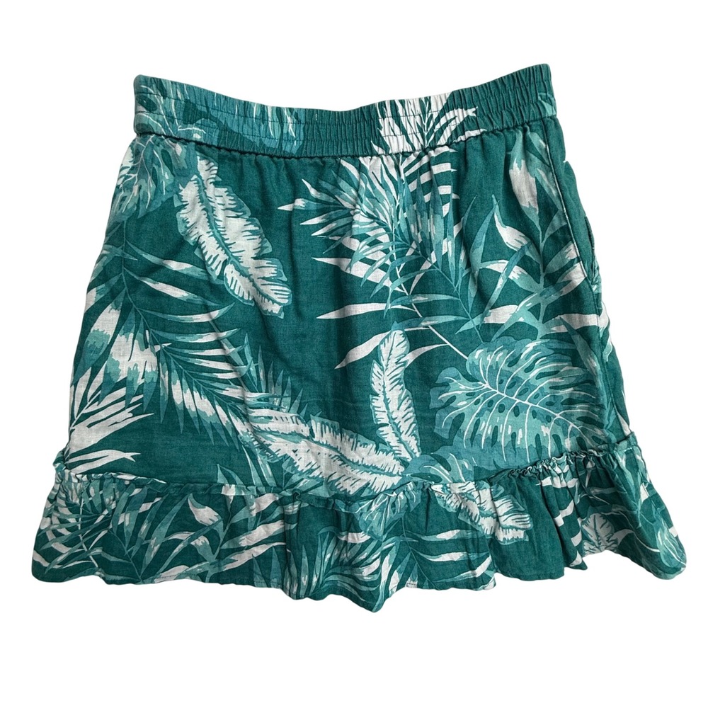 C&C California‎ Linen Mini Skirt Womens Small Tropical Palm Print Teal Pockets